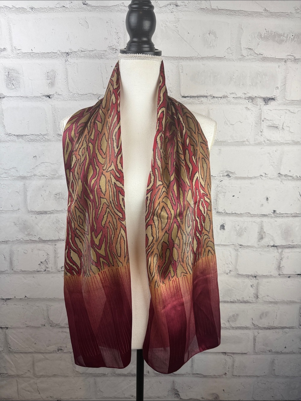 Vintage Symphony Long Scarf Red Tan Abstract Pattern